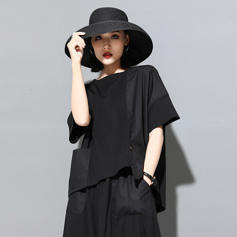 Womens Stylish, Personalized Patchwork Asymmetrical Short-Sleeve Top