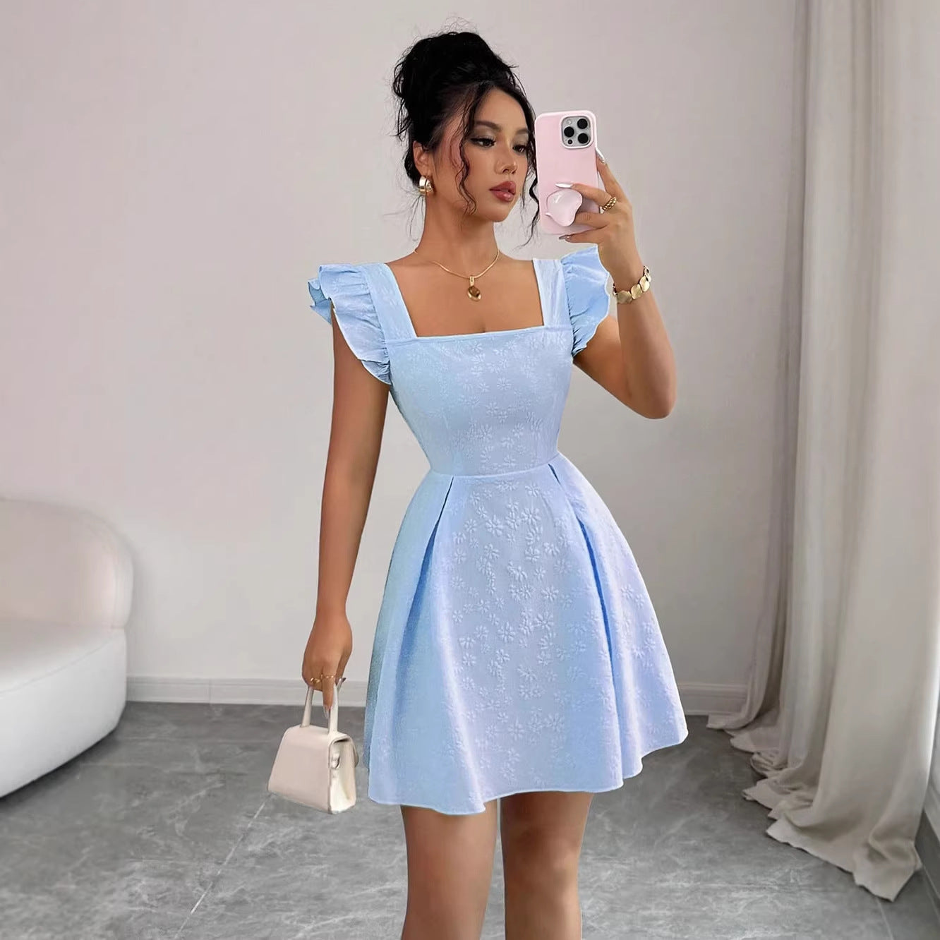 Sweet And Fresh High-Neck Pullover Jacquard Waist-Cinching Dress