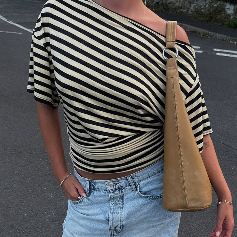 Retro Off-shoulder Striped Waist-cinching Figure-flattering Top