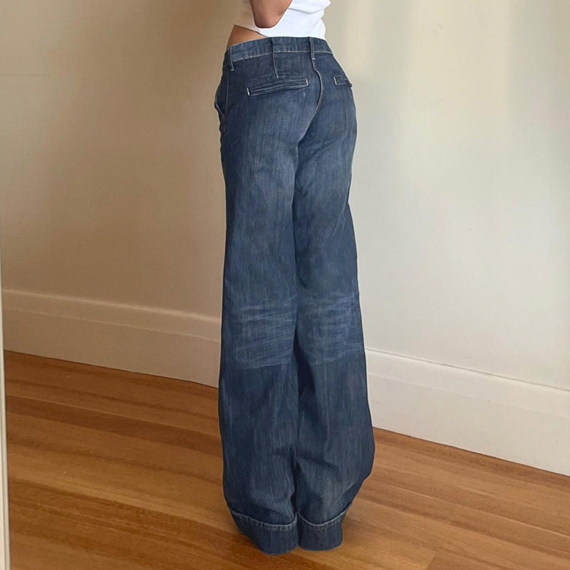 Women's Low Waist Washed Wear-white Blue Jeans All-matching Straight