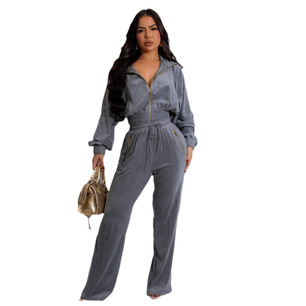Womens Long-Sleeve Lapel Zip-Up Cardigan And Trousers Winter Two-Piece Set
