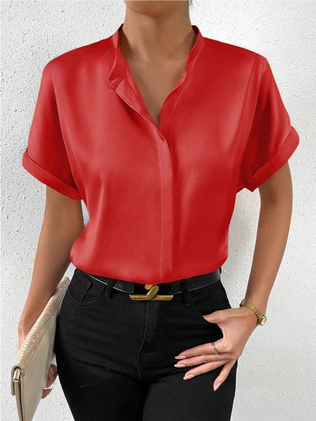 Womens Solid-color Satin Short-sleeve Top