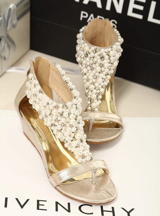Summer Fashion Beaded Rhinestone Flip-toe Wedge Women's Shoes
