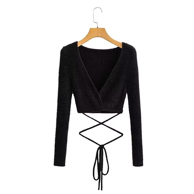 Knit bluse med lange ærmer og tynde stropper til damer