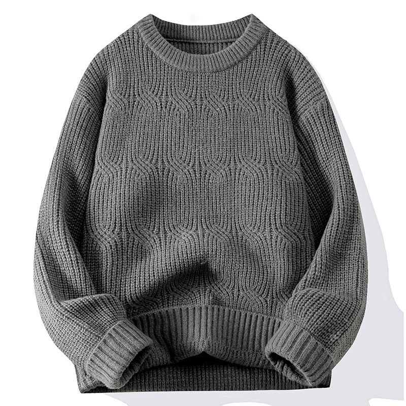 Men's Solid-Colored Knitted Long-Sleeve Retro Crew-Neck Sweater