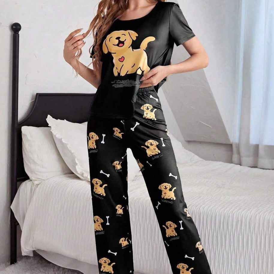 Home Round Neck Printed Short Sleeve T-shirt Top And Trousers Suit