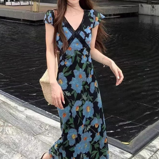 Resort Style V Neck Ruffled Sleeve Patchwork Maxi Dress