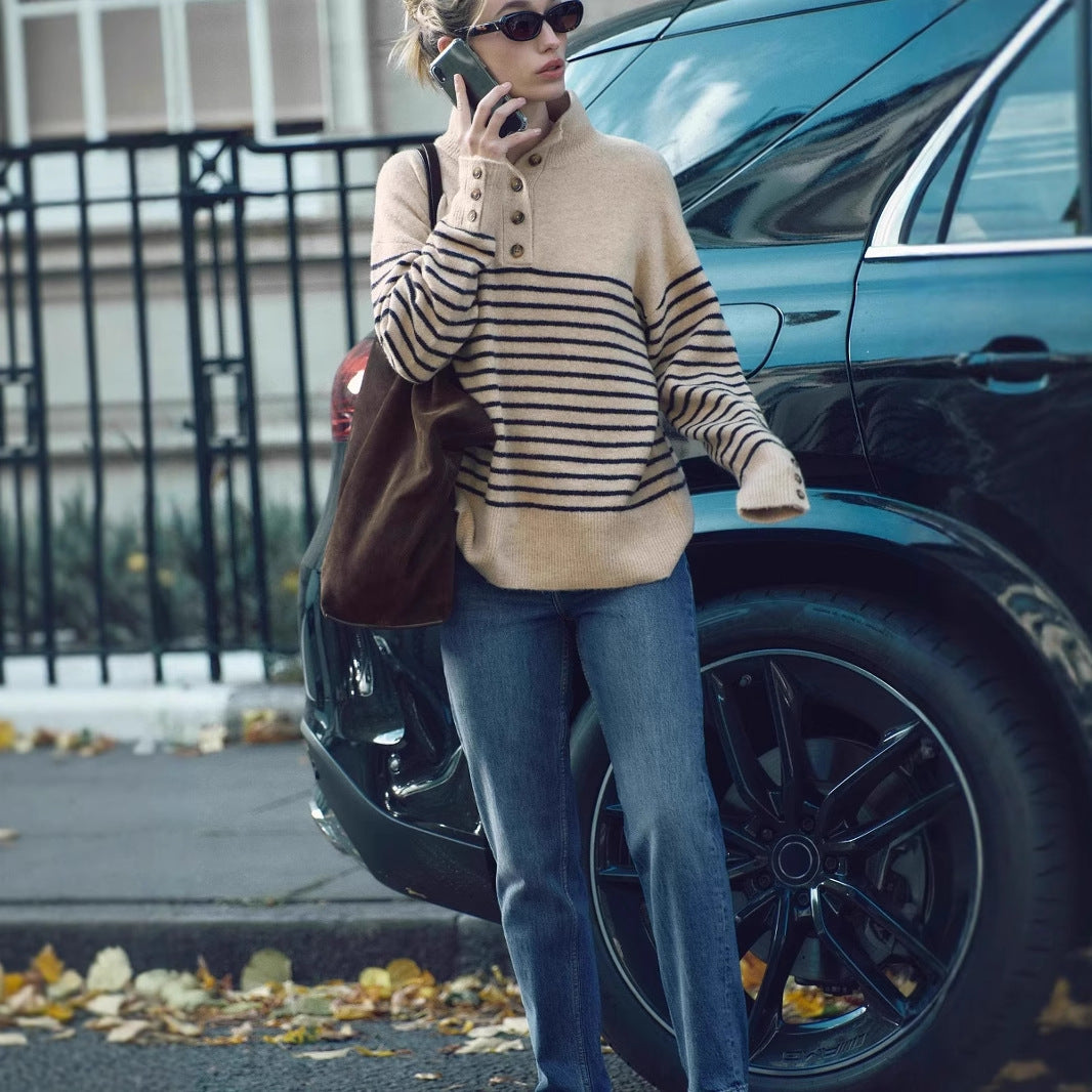 Mock-neck Stripes Sweater Sweater For Women