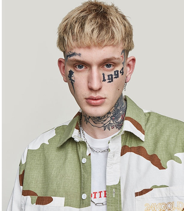 Spring high street camouflage short short long loose tide brand men's lapel check shirt shirt