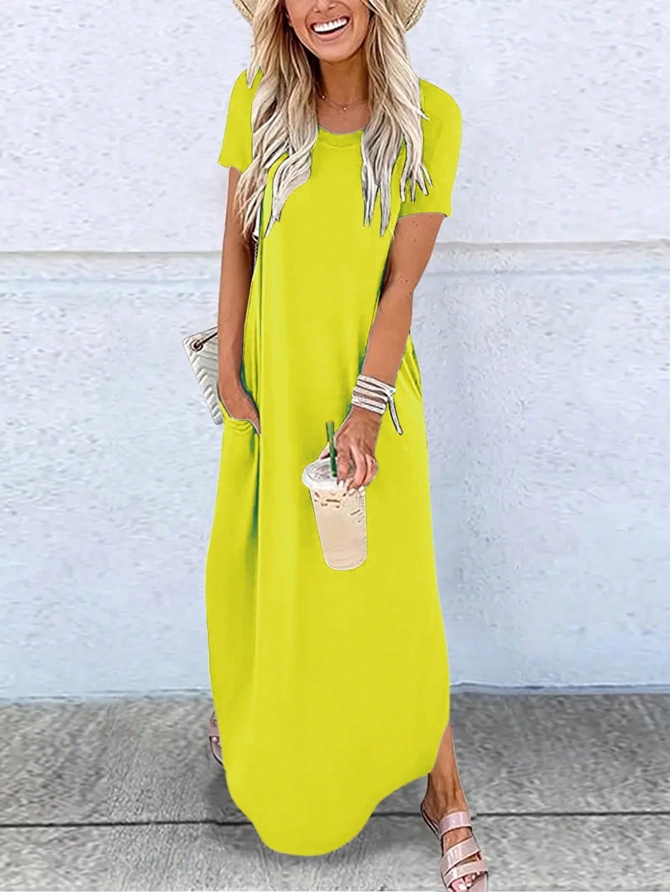 Solid-color Crew-neck Pocket Short-sleeve Dress