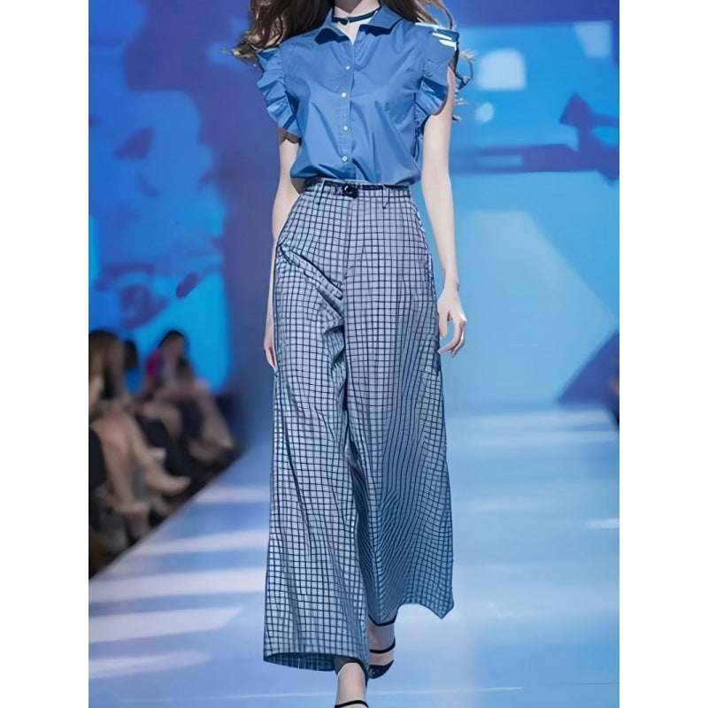 Blue Shirt And Loose Wide-leg Pants Two-piece Set