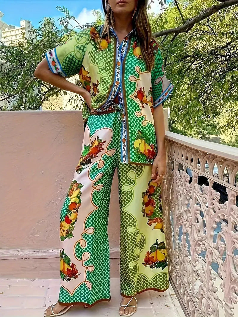 Casual Plant-patterned Short-sleeve Set