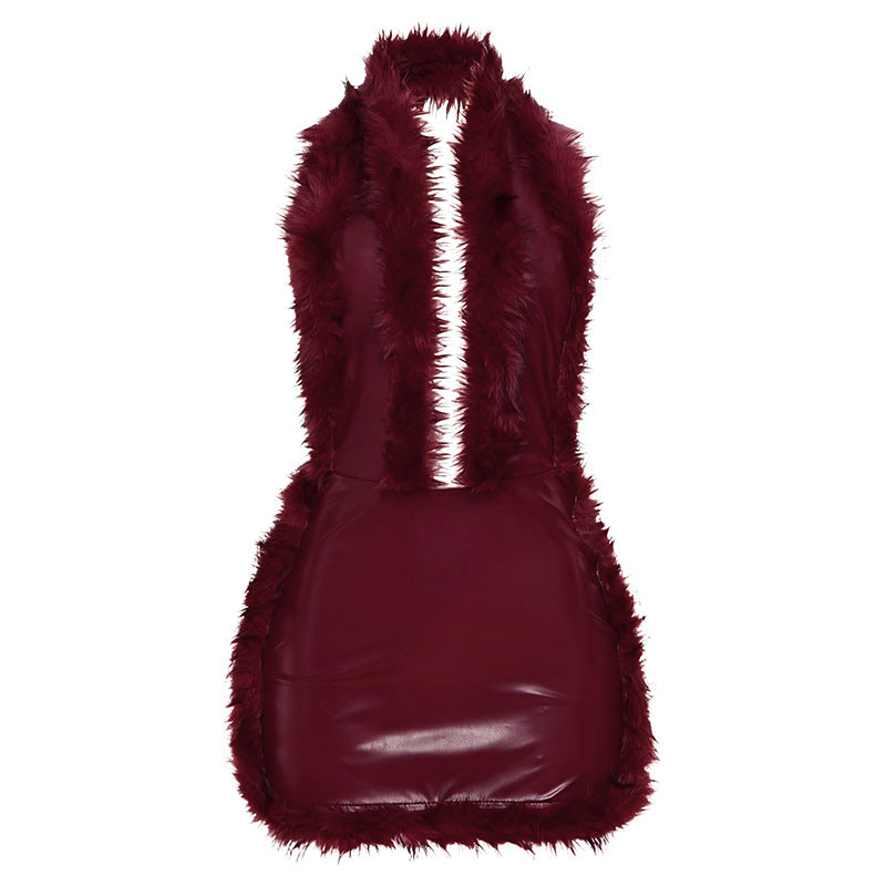 Leather Patchwork Sleeveless Halter Bodycon Dress
