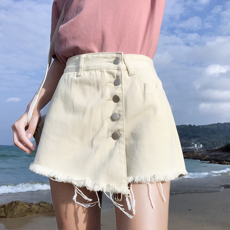 High-rise breasted black denim shorts
