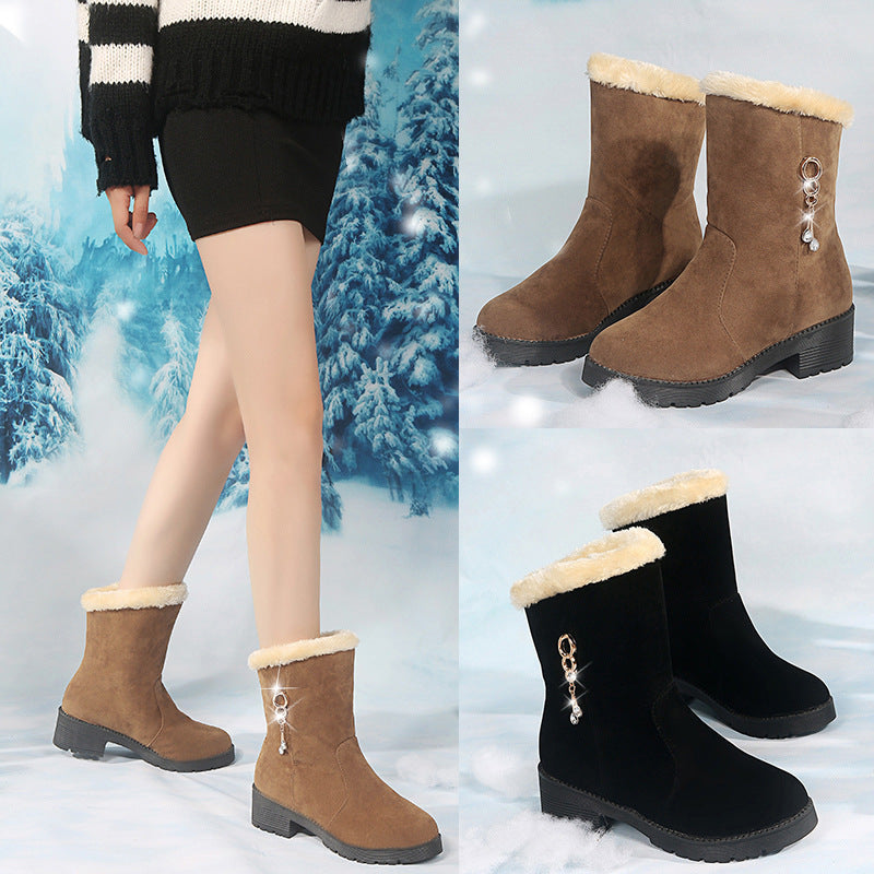 Snow Women's Mid-tube Rhinestone And Velvet Warm Martin Boots