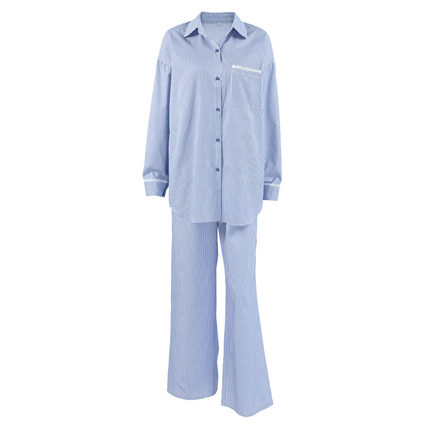 Womens Comfortable Striped Pajama Set With Long Sleeves And Long Pants