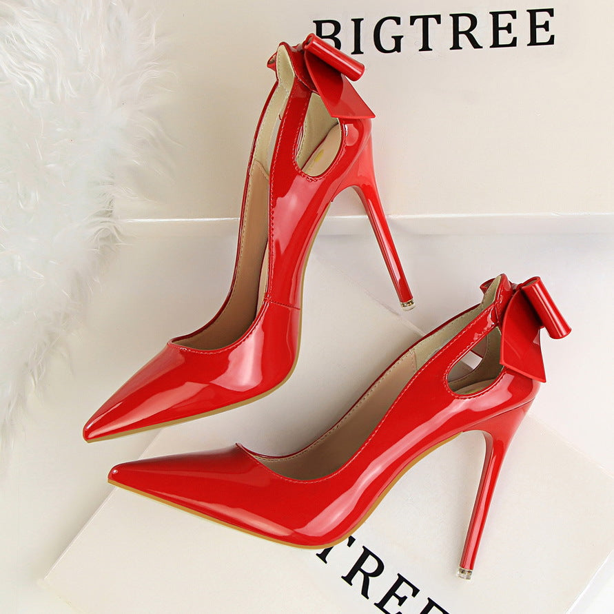 Women's Solid Color Cutout Back Bow High Heels