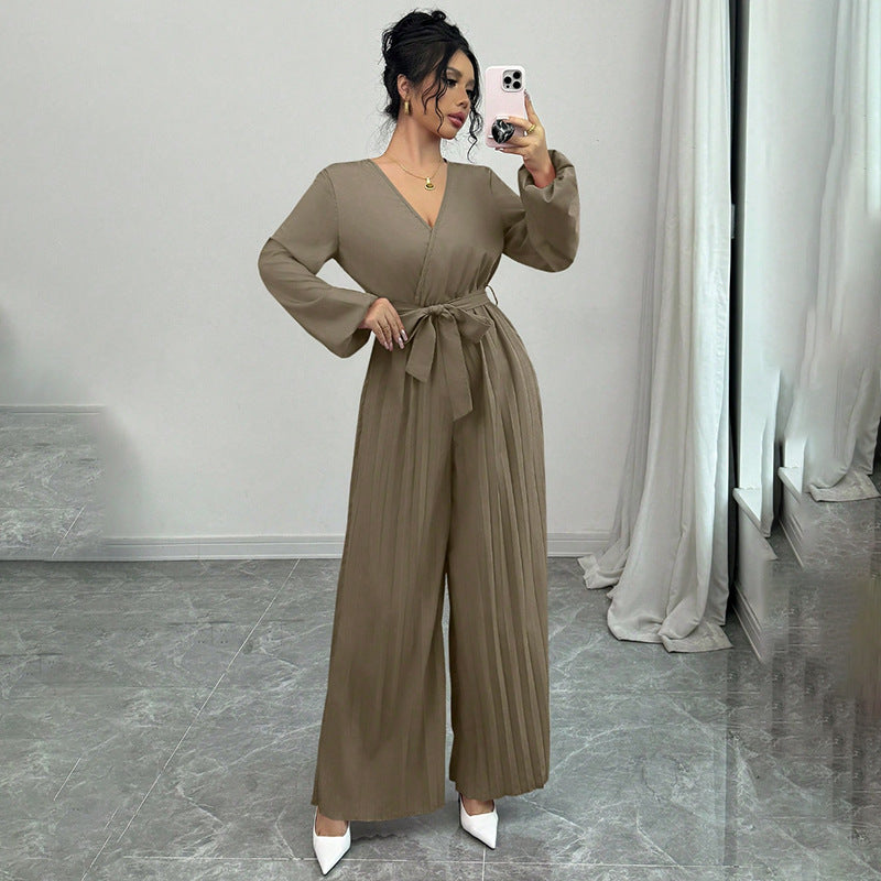 Elegant Casual Cropped Cross-V-Neck Pleated Culotte Jumpsuit
