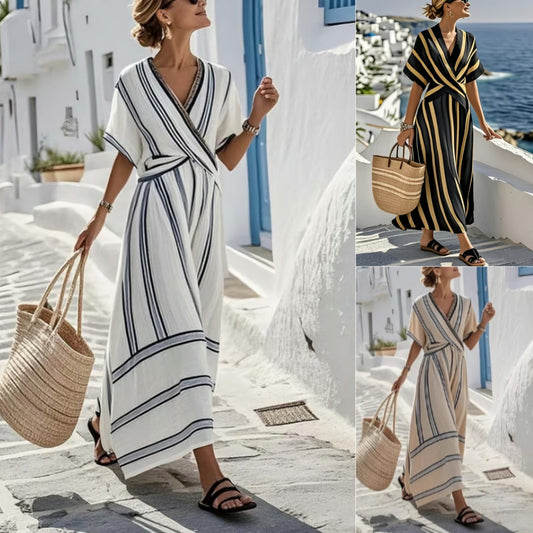 Casual Loose Retro Striped Print Holiday Dress Summer Short Sleeve V Neck Robes Dress Boho Beach Pleated A-Line Long Dress Woman