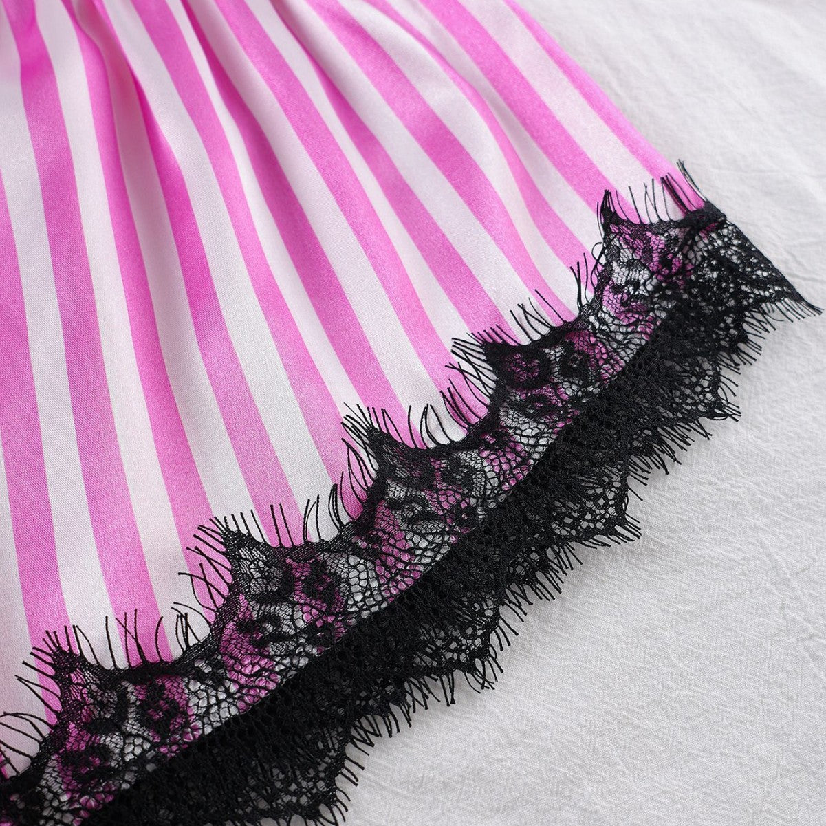 Womens Satin Pajamas Striped Cami Top And Shorts Lace Panel Design Set