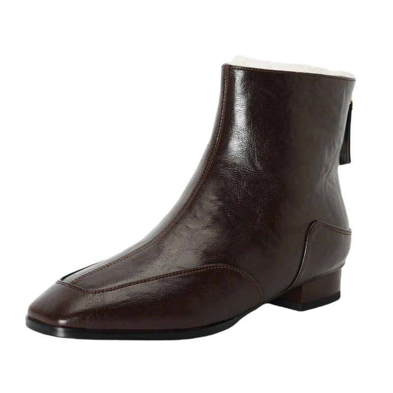 Women's Cowhide Square-toe Warm Fleece-lined Thick Wool Short Boots