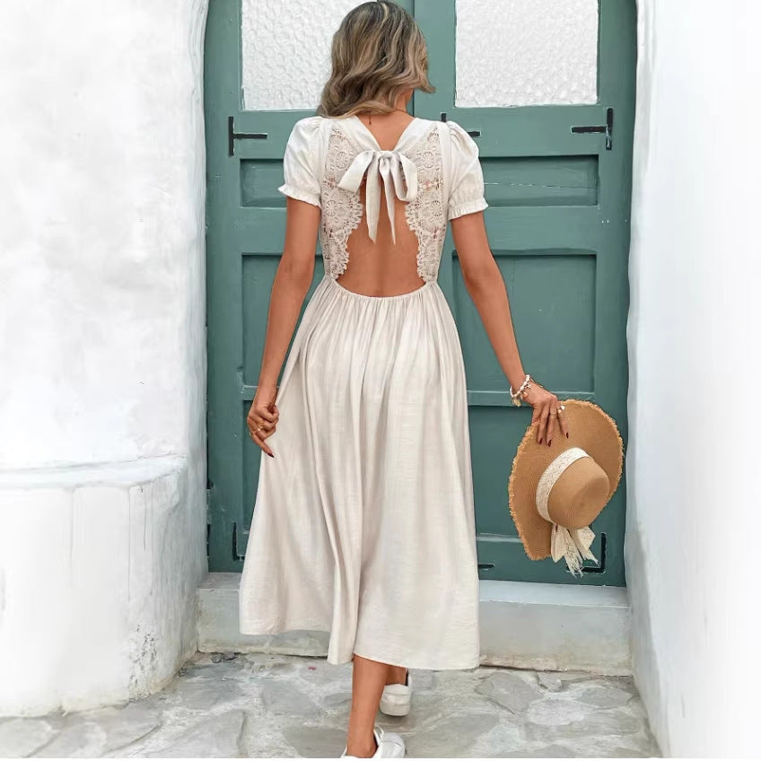 European And American V-neck Casual Backless Dress