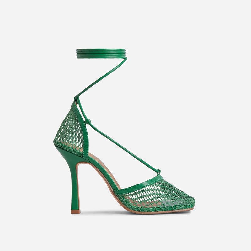 New Mesh Hollow Ankle Strap High-heeled Women's Shoes With Square Toe