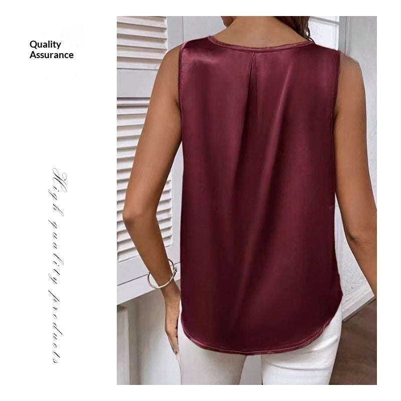 Ruched Satin Sleeveless Top With Cutout Details