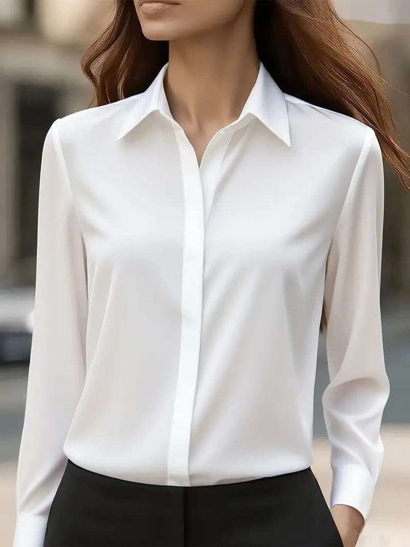Solid Color Long Sleeve Lapel Satin Blouse