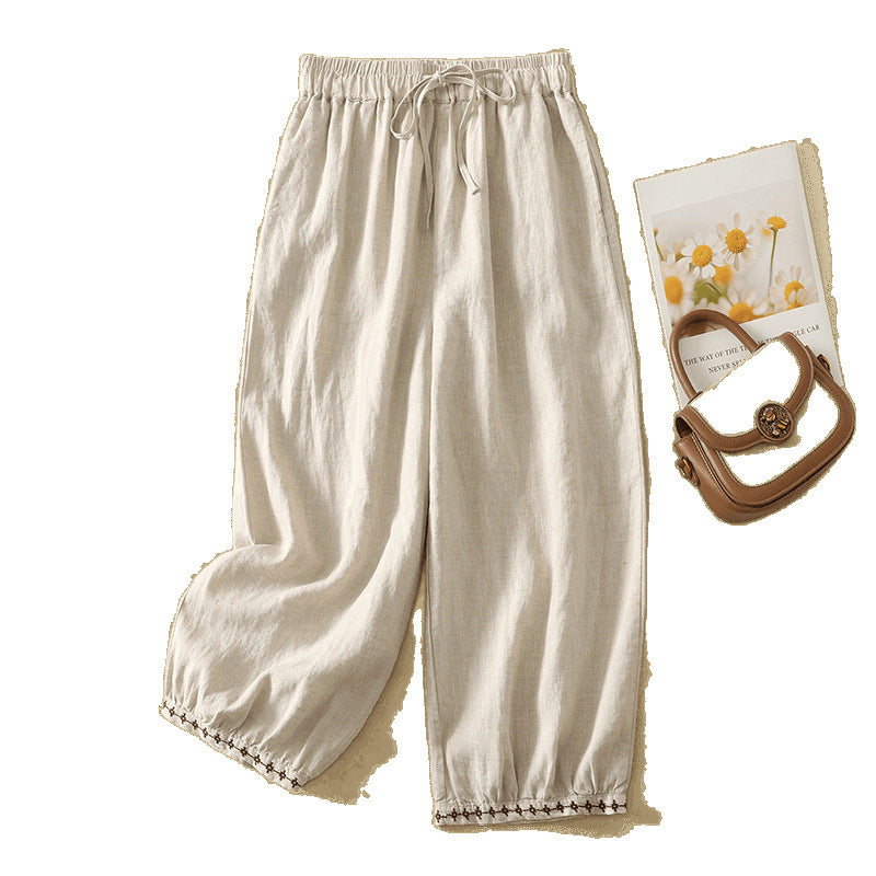 Womens Cotton Linen Embroidered Drawstring Loose Casual Pants