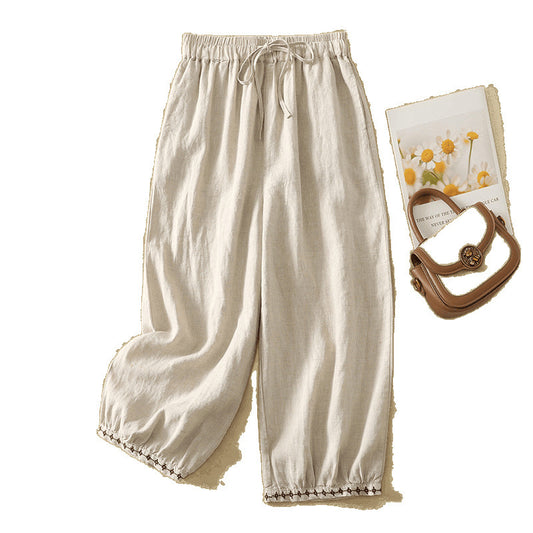 Womens Cotton Linen Embroidered Drawstring Loose Casual Pants