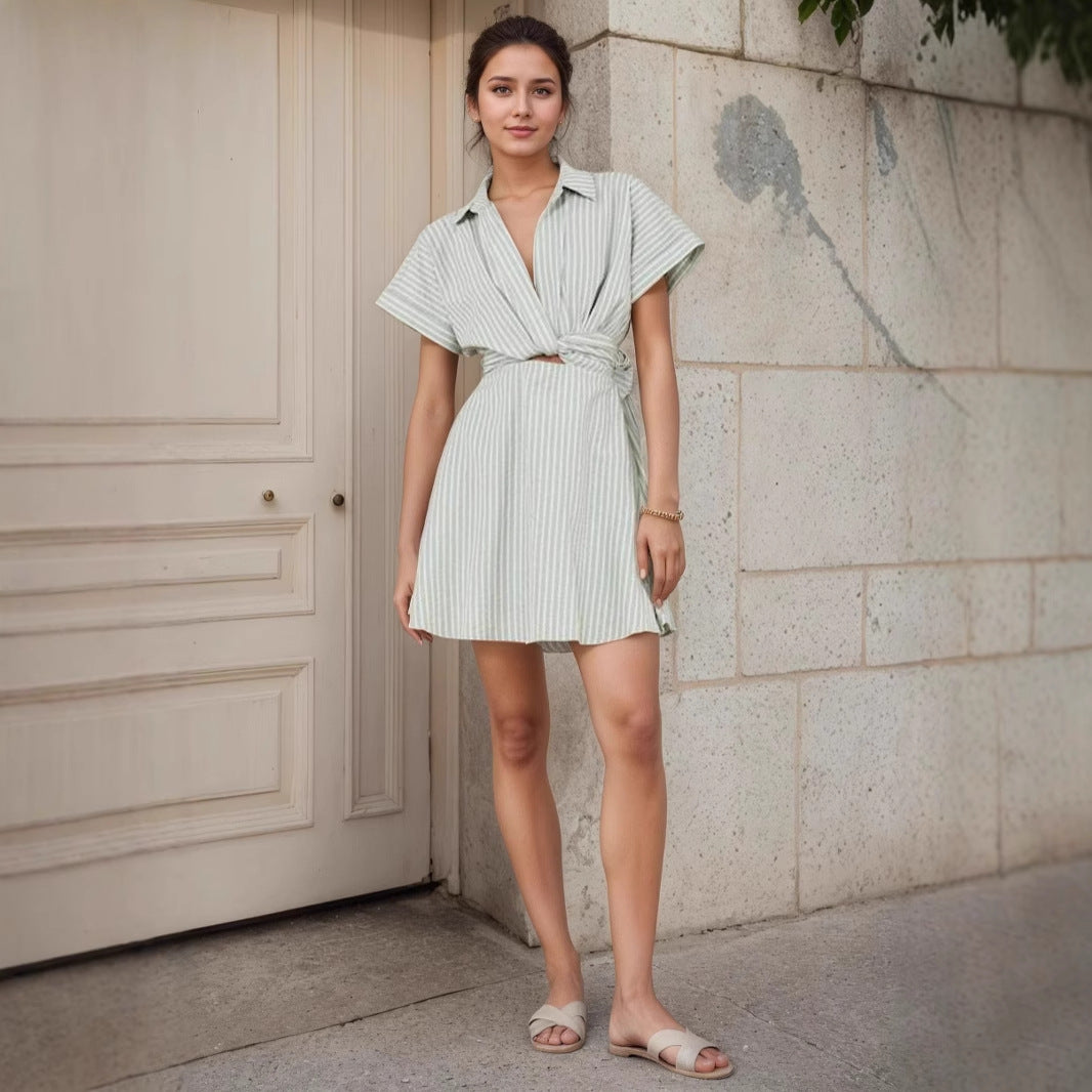 Striped Lace-Up Lapel Casual Short-Sleeve Dress