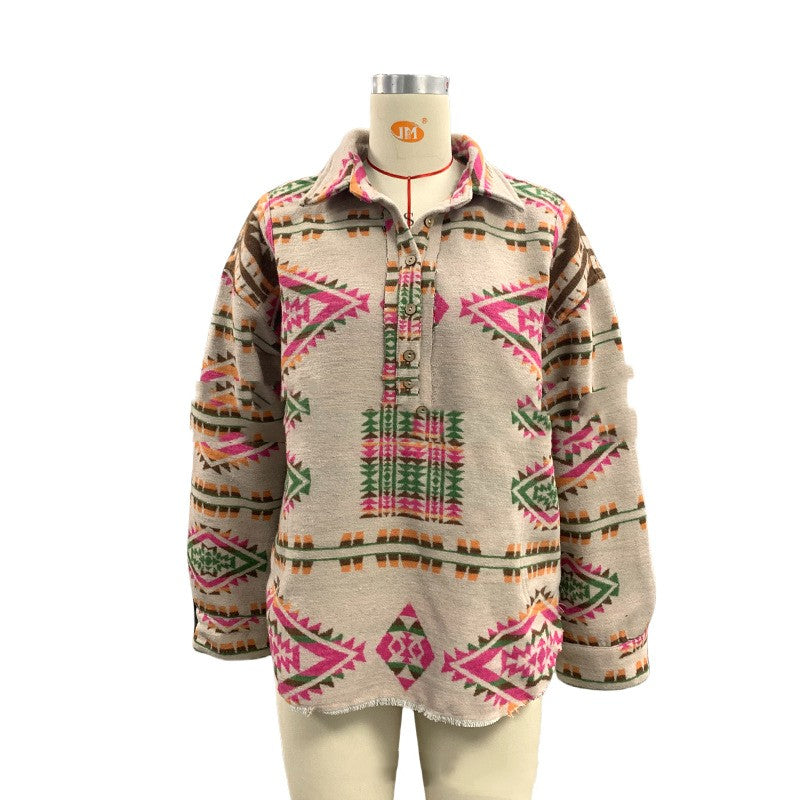 Contrast Color Long Sleeves Printed Sweater For Women