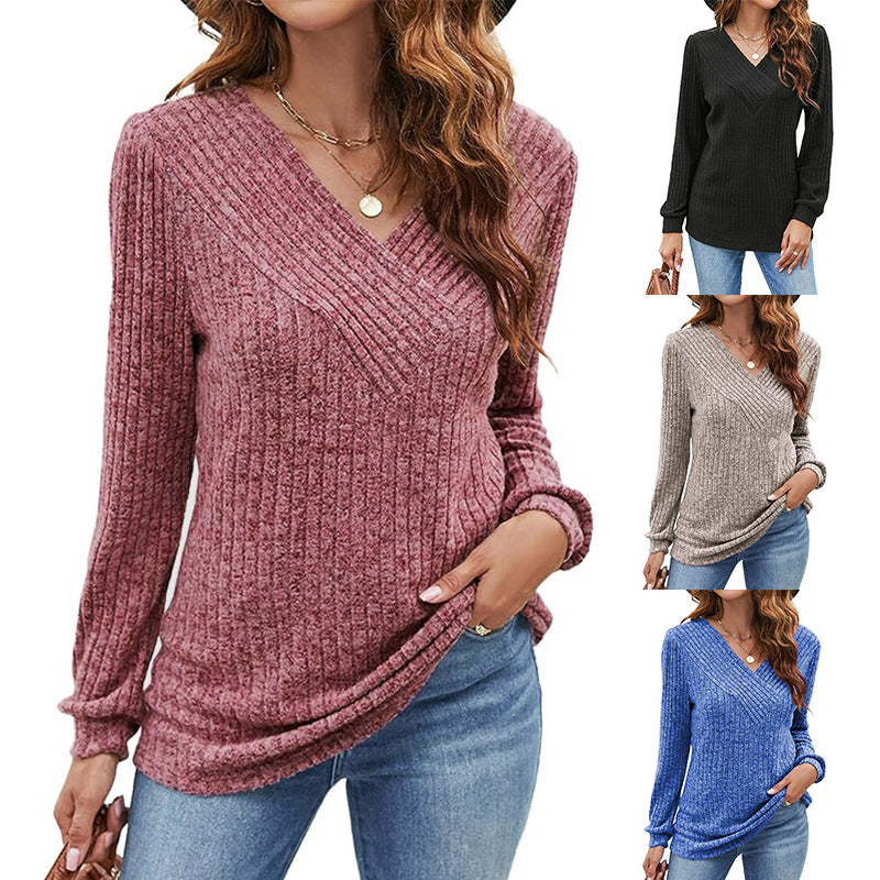 V-neck Casual Top Ribbed Pullover Hoodie For Women