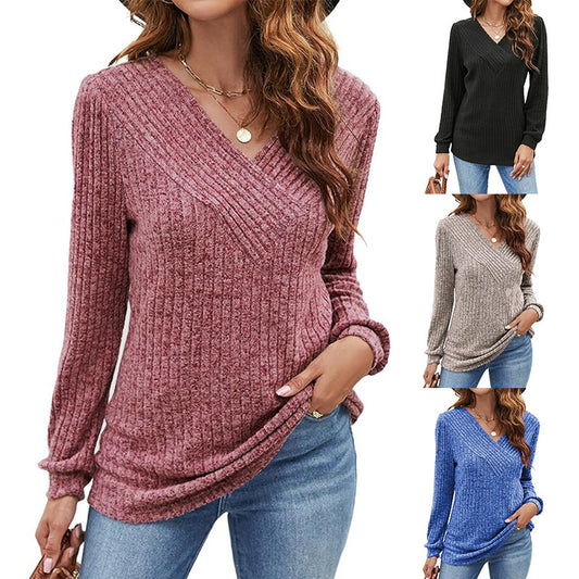 V-neck Casual Top Ribbed Pullover Hoodie For Women