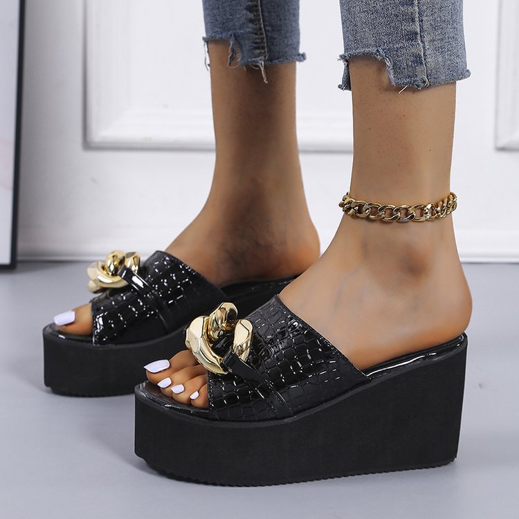 Women's Platform Platform Sandals And Slippers With Wedge Heel And Golden Chain