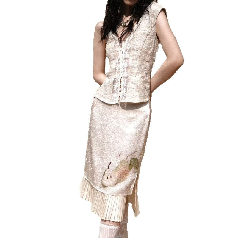Lace-panelled V-neck Sleeveless Tank Top Fruit-print Patchwork Pleated Midi Skirt