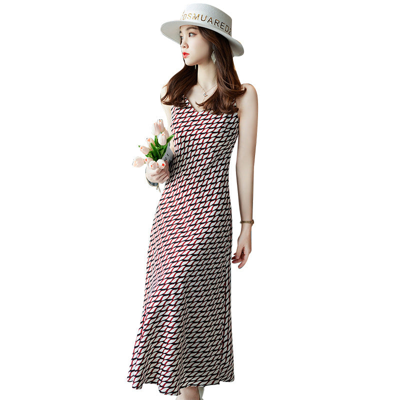 Women's Retro Print Mid-length Suspender Skirt