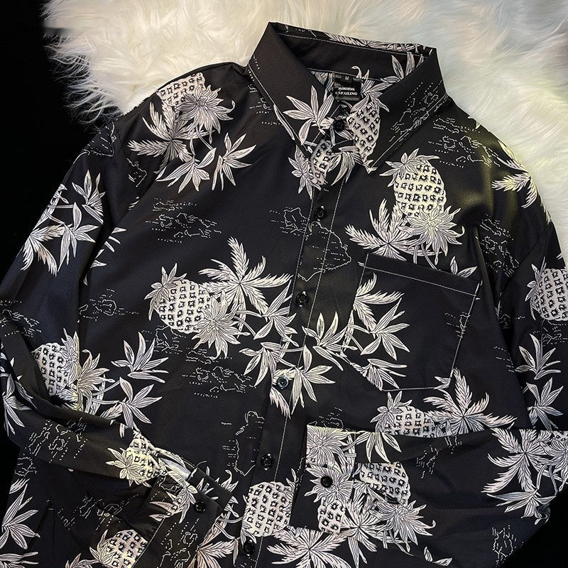 Pu Shuai Japanese-style Retro Hong Kong Style Printed Shirt Long Sleeve