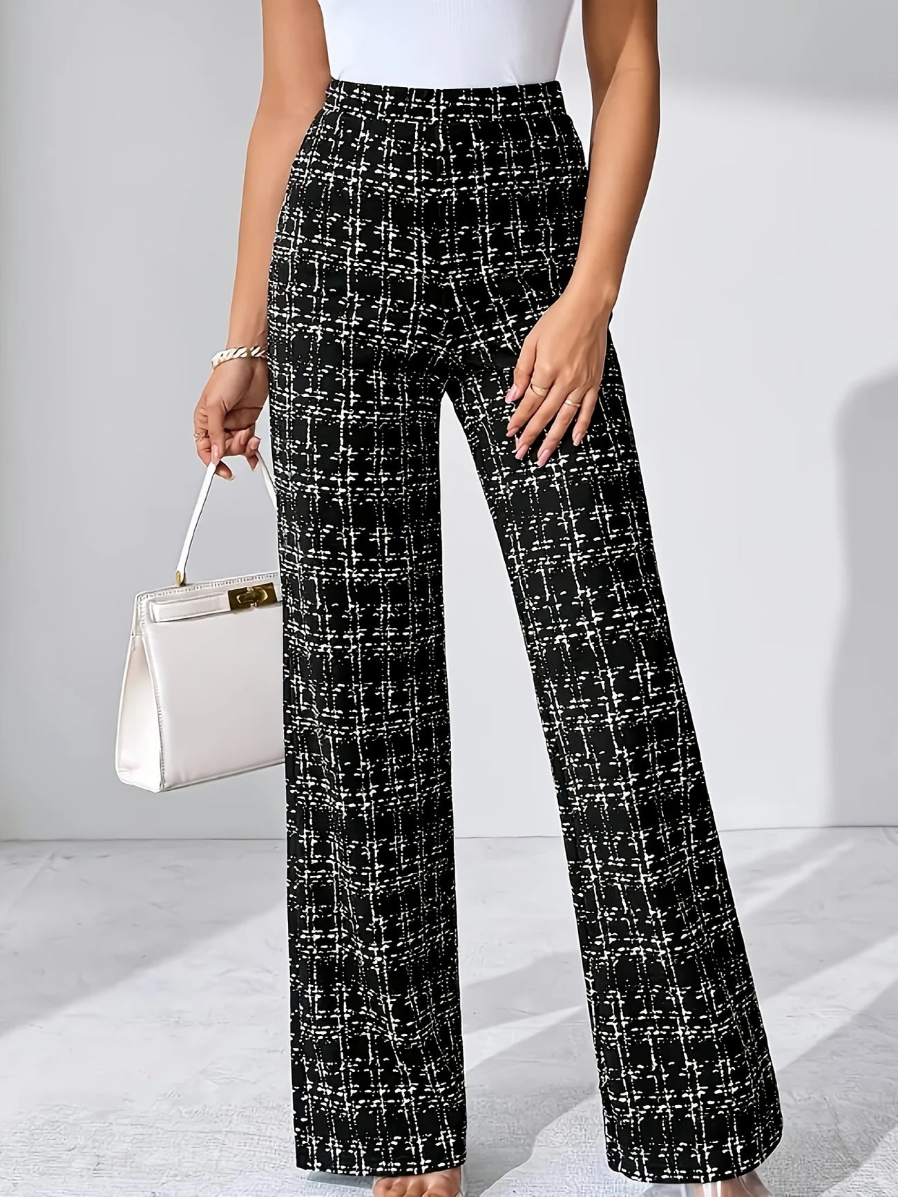Woven Plaid High Waist Straight Women's Pants