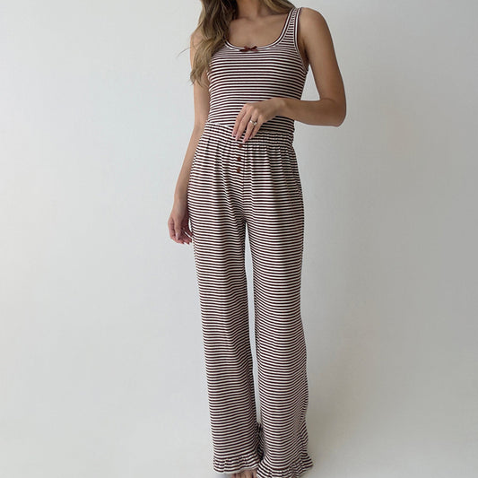 Casual Homewear Striped Vest With Ruffle-trimmed Pants Pajama Set Suitable For Outside Wear