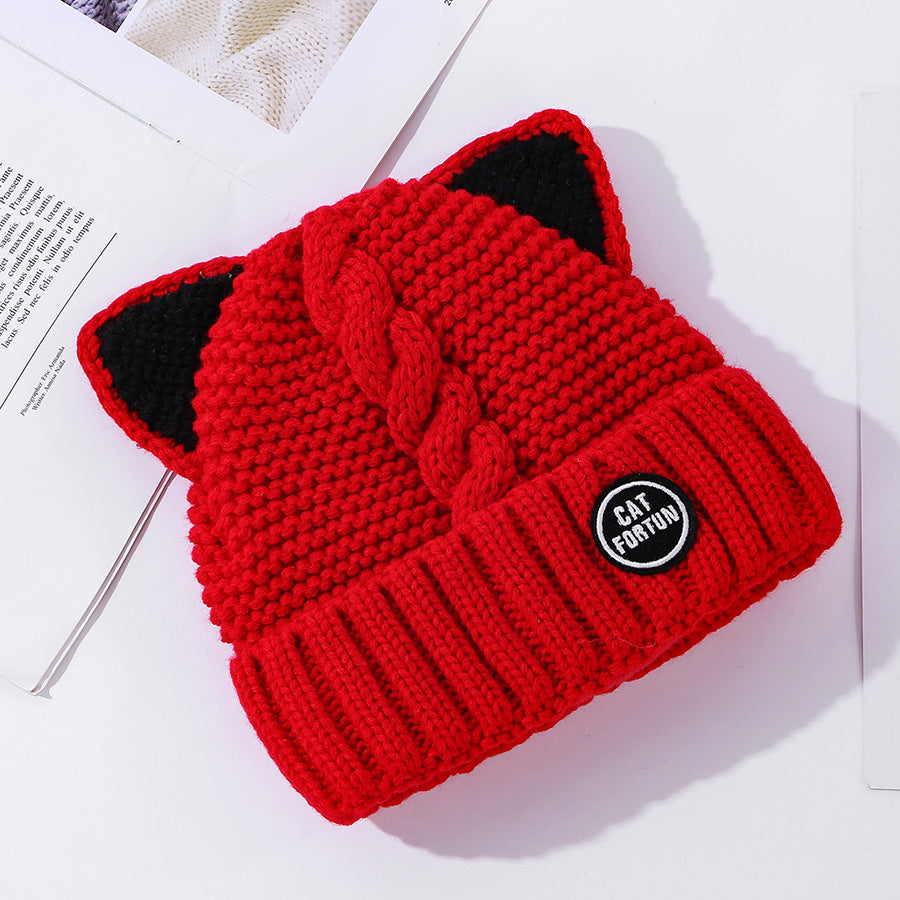 Female Cute Fleece Lined Cat Ears Woolen Cap