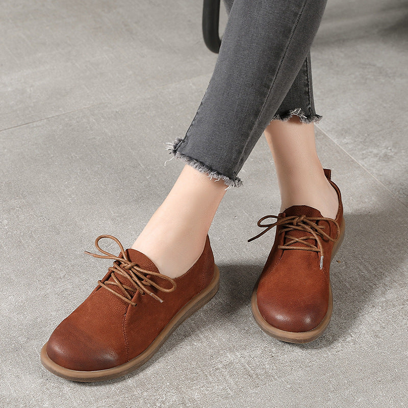 Flat Round Toe Literary Retro Lace Up Leather Shoes