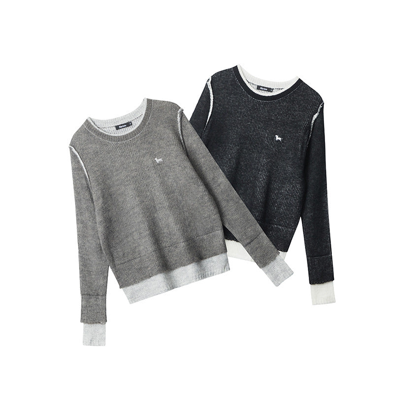 Pullover New Round Neck Stitching Design Knitted Sweater Long Sleeve