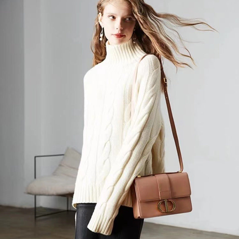 Women's High Neck Thickened Idle Style Pullover Cable-knit Sweater