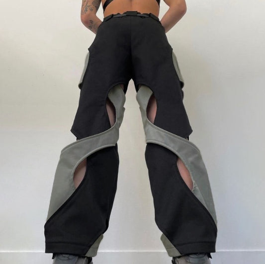Street Chic Hollow-out Cross Design Contrast Color High Waist Woven Pants