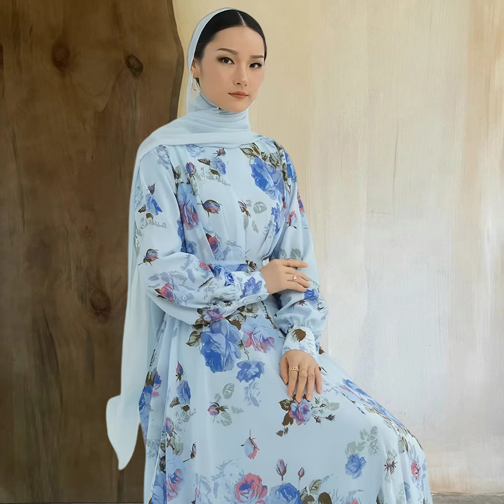 Crew-neck Floral-print Midi Dress With A Matching Belt For A Slimming Fit