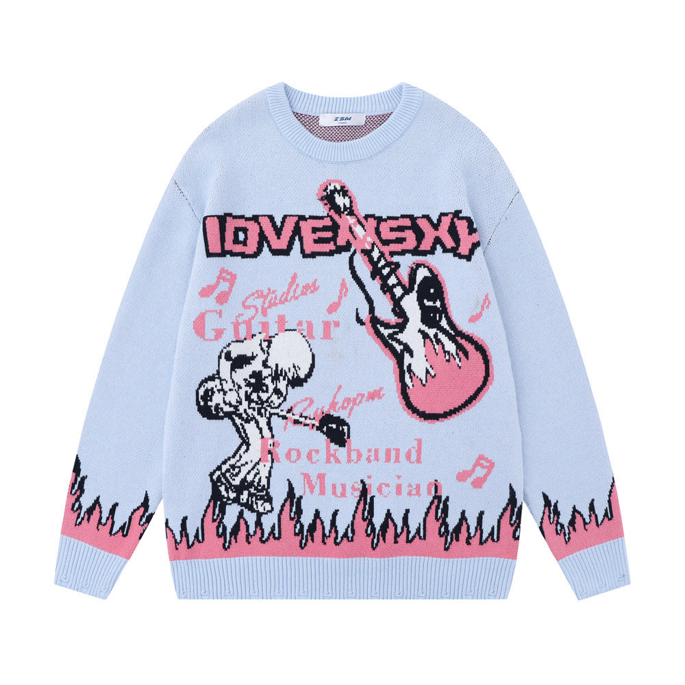 Europæisk og Amerikansk Rock Anime Flammende Jacquard Rundhalset Sweater