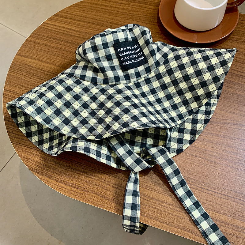 Tie-neck Plaid Bucket Hat Women's Summer Japanese Retro