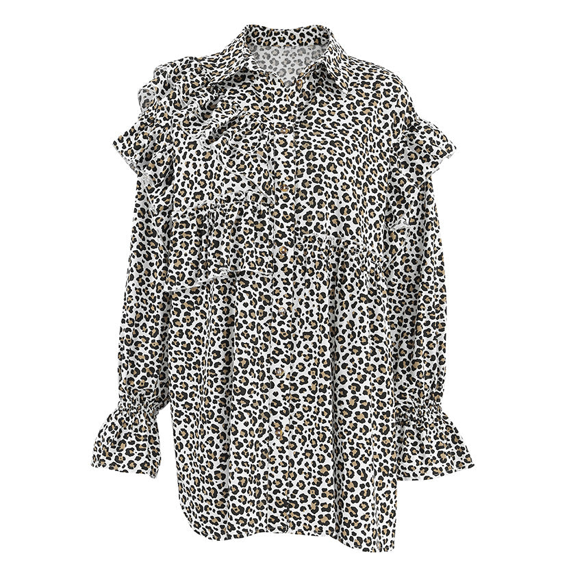 Design Leopard Print Women's Shirt Ruffled Long Sleeve